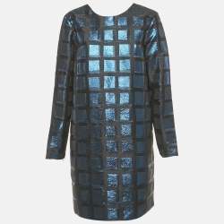 Pre Owned Kenzo Blue Square Lurex V-Neck Shift Dress L
