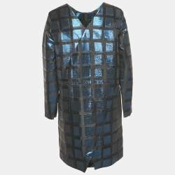 Pre Owned Kenzo Blue Square Lurex V-Neck Shift Dress L