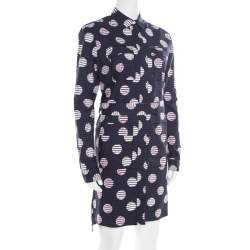 Kenzo Navy Blue Dot and Stripe Printed Cotton Belted Shirt Dress M