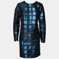Pre Owned Kenzo Blue-Black Metallic Square Jacquard Long Sleeve Shift Dress L