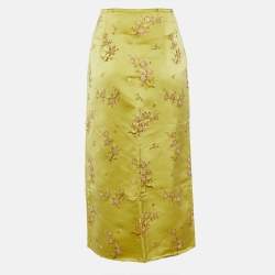 Pre Owned Kenzo Green Floral Jacquard Satin Slit Detail Midi Skirt M