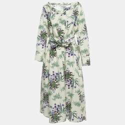 Kenzo Off White Floral Print Cotton & Linen Belted Maxi Dress L