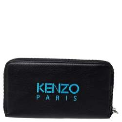 Pre Owned Kenzo Black Tiger Embroidered Leather Zip Around Wallet