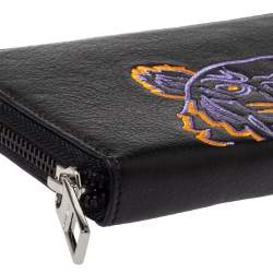 Pre Owned Kenzo Black Tiger Embroidered Leather Zip Around Wallet
