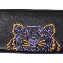Pre Owned Kenzo Black Tiger Embroidered Leather Zip Around Wallet