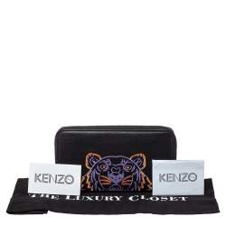 Pre Owned Kenzo Black Tiger Embroidered Leather Zip Around Wallet