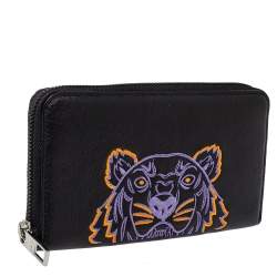 Pre Owned Kenzo Black Tiger Embroidered Leather Zip Around Wallet