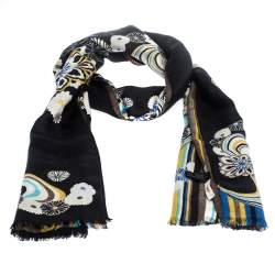 Pre Owned Kenzo Black Floral Jacquard and Printed Silk & Wool Scarf