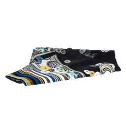 Pre Owned Kenzo Black Floral Jacquard and Printed Silk & Wool Scarf