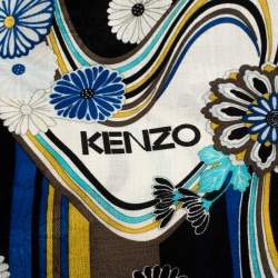 Pre Owned Kenzo Black Floral Jacquard and Printed Silk & Wool Scarf