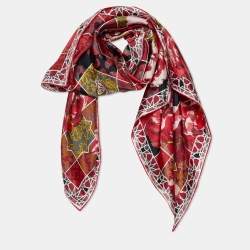 Pre Owned Kenzo Red Floral Print Silk Square Scarf