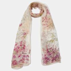 Pre Owned Kenzo Cream Floral Printed Silk Scarf