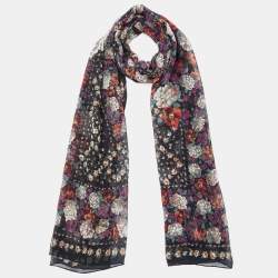 Kenzo Black Floral Printed Silk Scarf