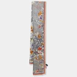 Kenzo Grey Houndstooth Floral Print Wool & Silk Stole