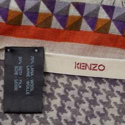 Kenzo Grey Houndstooth Floral Print Wool & Silk Stole