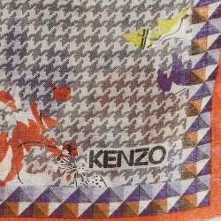 Kenzo Grey Houndstooth Floral Print Wool & Silk Stole