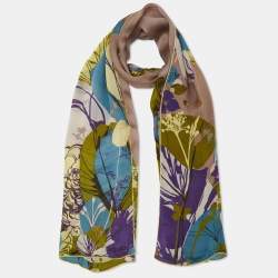 Pre Owned Kenzo Brown/Green Floral Print Silk Stole