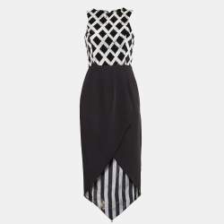 Kenzo Black Printed Velvet and Stretch Crepe Asymmetric Midi Dress S