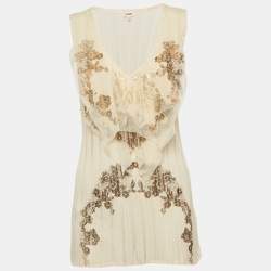 Kenzo Beige Printed Jersey and Mesh Ruffle Trimmed T-Shirt XL