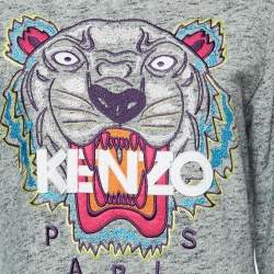 Pre Owned Kenzo Grey Melange Knit Tiger Embroidered Sweater Dress L