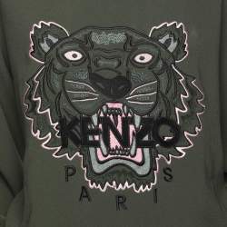 Pre Owned Kenzo Olive Green Crepe Tiger Motif Detail Sweatshirt L