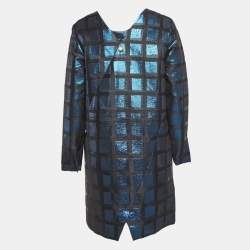 Kenzo Blue Square Lurex V-Neck Shift Dress L