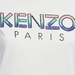 Pre Owned Kenzo White Embellished Logo Jersey T-shirt S