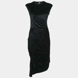 Pre Owned Kenzo Black Stretch Velour Ruched Asymmetric Midi Dress S