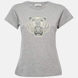 Pre Owned Kenzo Grey Tiger Logo Flocked Jersey T-Shirt S