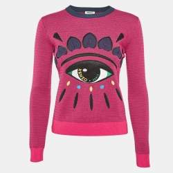Pre Owned Kenzo Pink Logo Eye Embroidered Wool Knit Crew Neck Sweater XS