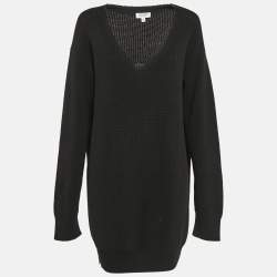 Kenzo Black Rib Knit Zipper Detail V-Neck Sweater Dress XL