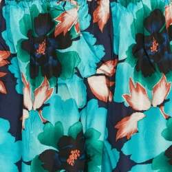 Pre Owned Kenzo Blue Floral Print Silk Midi Skirt M