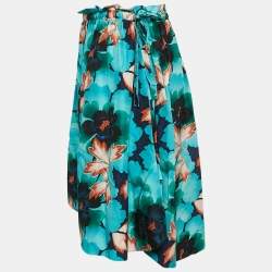 Pre Owned Kenzo Blue Floral Print Silk Midi Skirt M