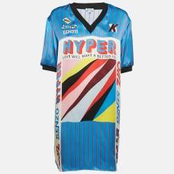 Kenzo Blue Hyper Stripe Print Satin Silk V-Neck Shift Dress XS