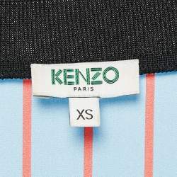 Kenzo Blue Hyper Stripe Print Satin Silk V-Neck Shift Dress XS