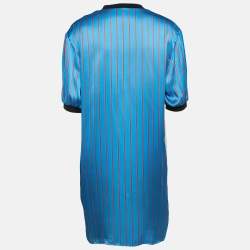 Kenzo Blue Hyper Stripe Print Satin Silk V-Neck Shift Dress XS