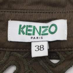 Pre Owned Kenzo Olive Green Cotton Poplin Lace Detailed Short Sleeve Dress M