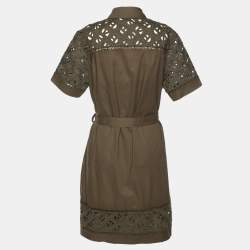 Pre Owned Kenzo Olive Green Cotton Poplin Lace Detailed Short Sleeve Dress M