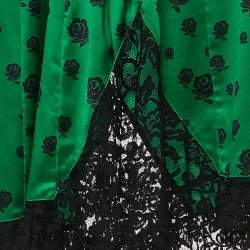 Kenzo Green Floral Print Lace Trim and Silk Midi Skirt M