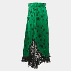Kenzo Green Floral Print Lace Trim and Silk Midi Skirt M