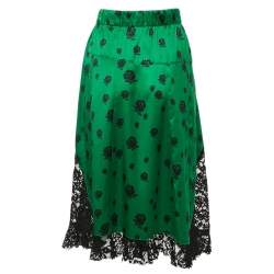 Kenzo Green Floral Print Lace Trim and Silk Midi Skirt M