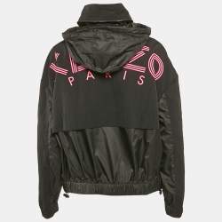 Kenzo Black Logo Print Synthetic Concealed Hood Windbreaker Jacket L