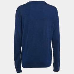 Kenzo Blue Logo Intarsia Wool Knit Crewneck Sweater M