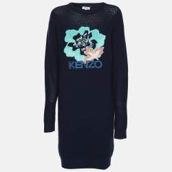 Kenzo Navy Blue Wool Knit Logo Embellished Sweater S