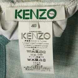 Pre Owned Kenzo Blue Eyes Print Silk and Denim Applique Detail Midi Dress M