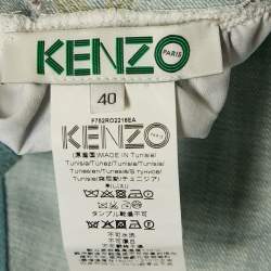 Pre Owned Kenzo Blue Eyes Print Silk and Denim Applique Detail Midi Dress M