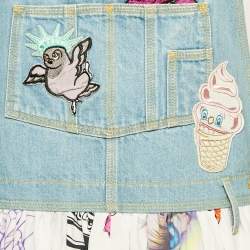 Pre Owned Kenzo Blue Eyes Print Silk and Denim Applique Detail Midi Dress M