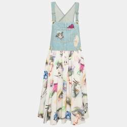 Pre Owned Kenzo Blue Eyes Print Silk and Denim Applique Detail Midi Dress M