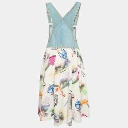 Pre Owned Kenzo Blue Eyes Print Silk and Denim Applique Detail Midi Dress M