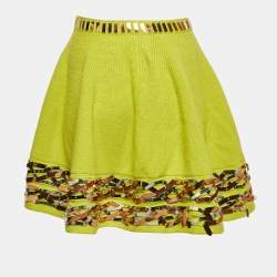 Kenzo Green Sequin Embellished Rib Knit Flared Mini Skirt M